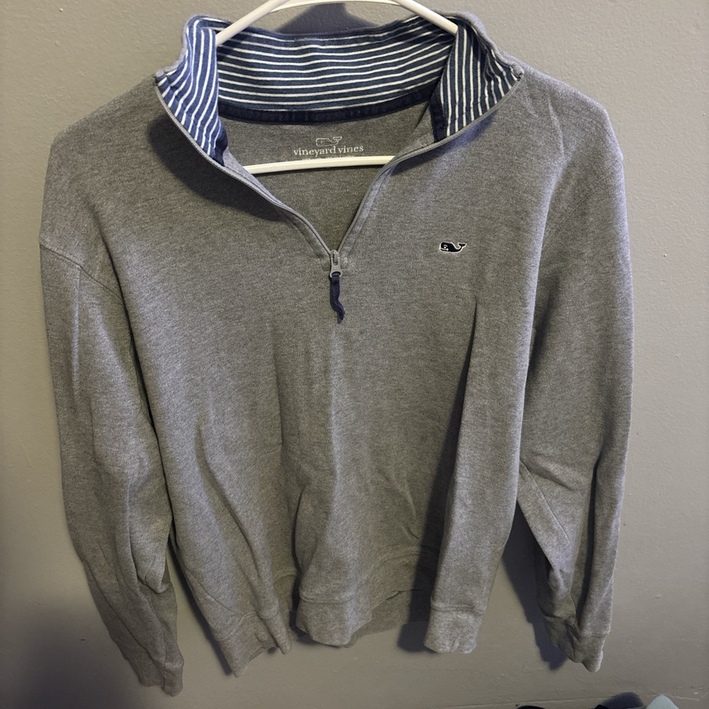 Vineyard Vines Gray Zip-Up with Striped Collar